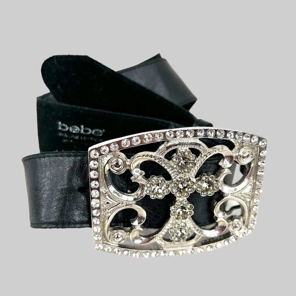 Bebe Cross Buckle Black Leather Belt Rhinestone Studded Women's Size S/M - Picture 6 of 14